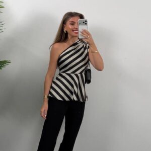 Beige Striped Asymetric Top - Image 3