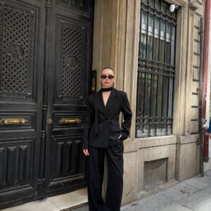 Noir Scarf Blazer - Black Tailored Blazer with Choker Scarf Detail - Image 2