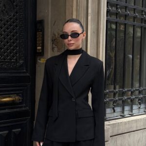 Noir Scarf Blazer - Black Tailored Blazer with Choker Scarf Detail - Image 1