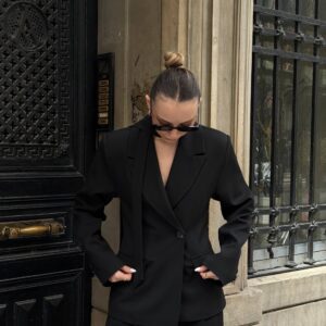Noir Scarf Blazer - Black Tailored Blazer with Choker Scarf Detail - Image 4