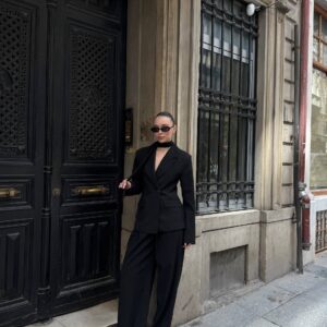Noir Scarf Blazer - Black Tailored Blazer with Choker Scarf Detail - Image 3
