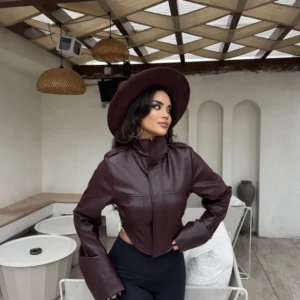 Loona Burgundy Faux Leather Jacket - Image 3