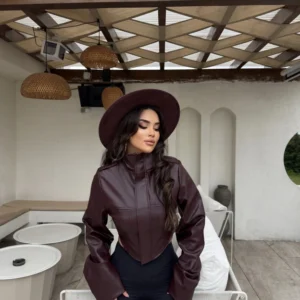 Loona Burgundy Faux Leather Jacket - Image 2