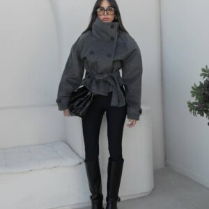 Charcoal Grey  Belted Coat - Image 3